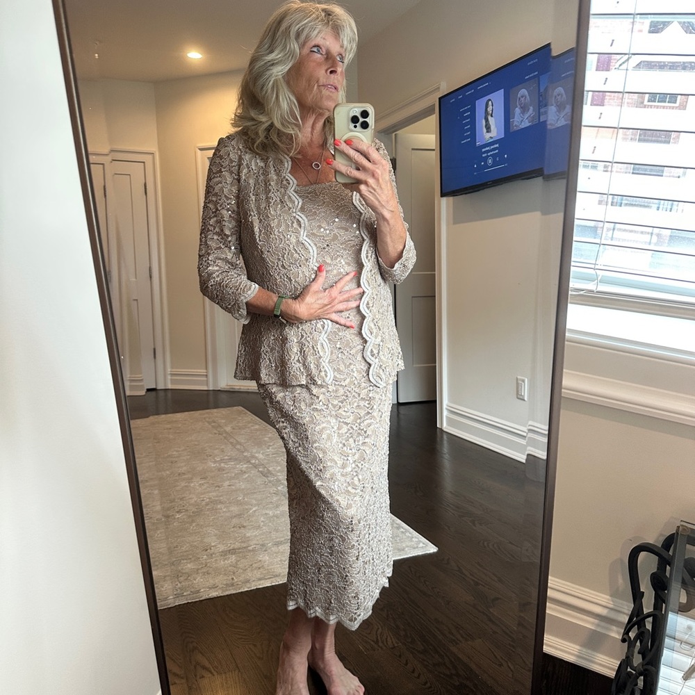 New - Alex Evenings cocktail dress with jacket Taupe w Sequins